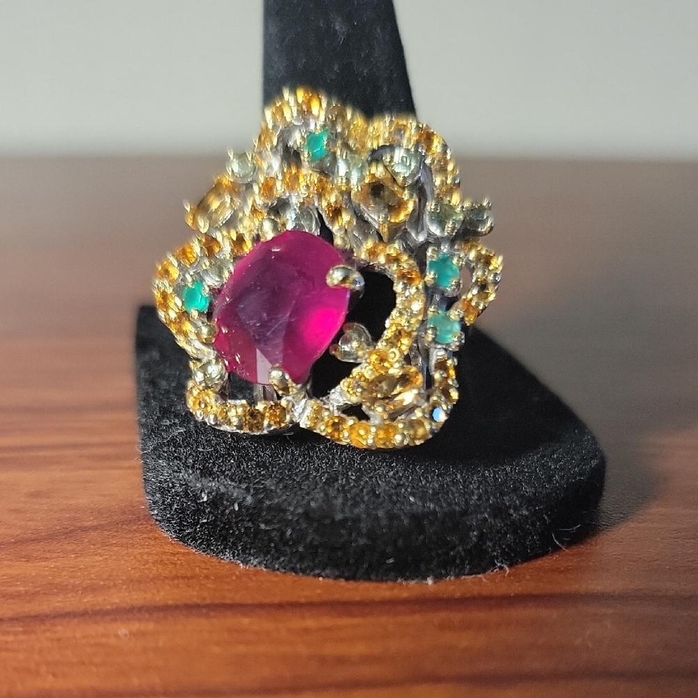 Elegant Gold and 925 Sterlind Silver Ring , Natural Ruby ,size 8,5